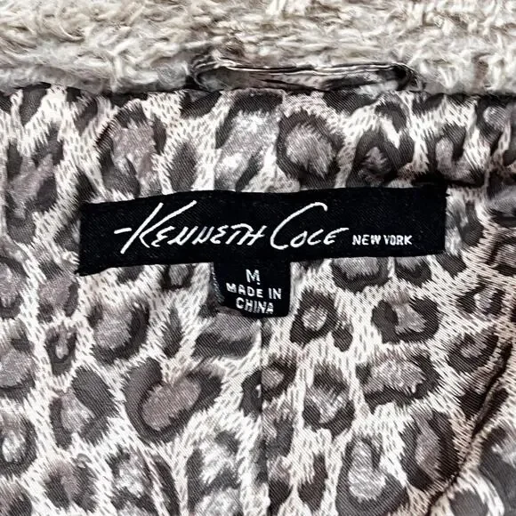 Kenneth Cole New York Coat Womens Medium Beige Faux Fur Leopard Lined Snap Front - Picture 9 of 11
